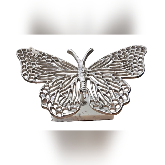 Beautiful Butterfly Decor Silver Metal Sculpture on Marble Stand 7"x11"x5"Tall - Picture 6 of 12